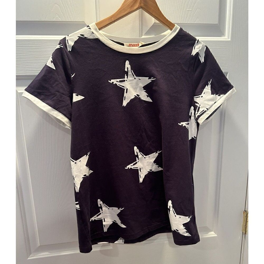 Mazik Women’s Blue and White Star Short Sleeve T-Shirt Shirt Size Large
